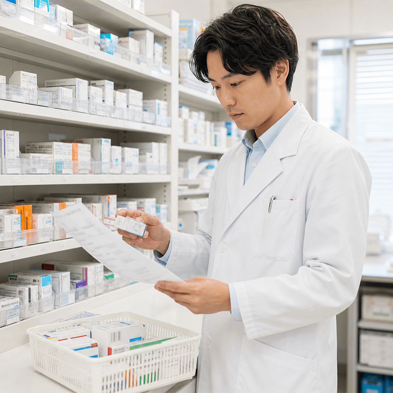 処方箋のコピーを確認しながら薬剤をピッキングする薬剤師