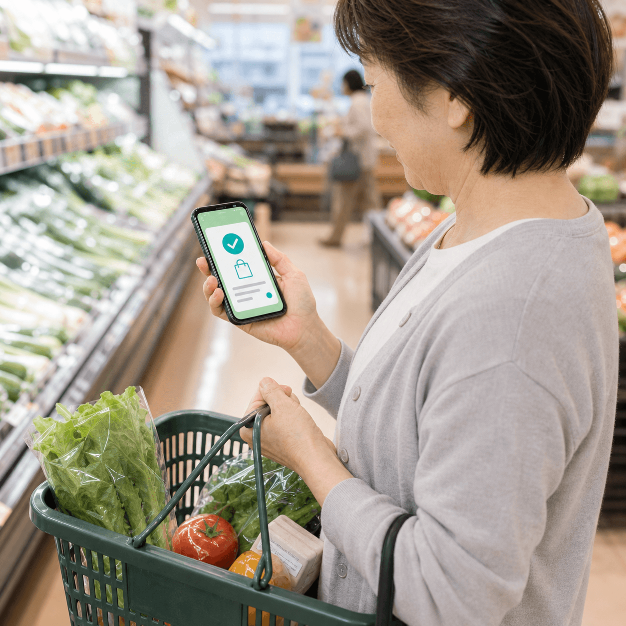 買い物中にお薬の準備完了通知を受け取る患者さま
