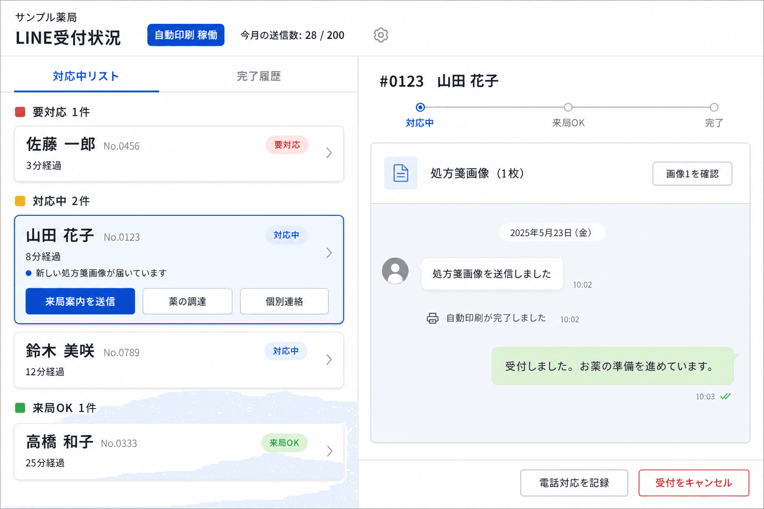 処方箋ごとの受付状況と次の対応が分かるReceMoの管理画面