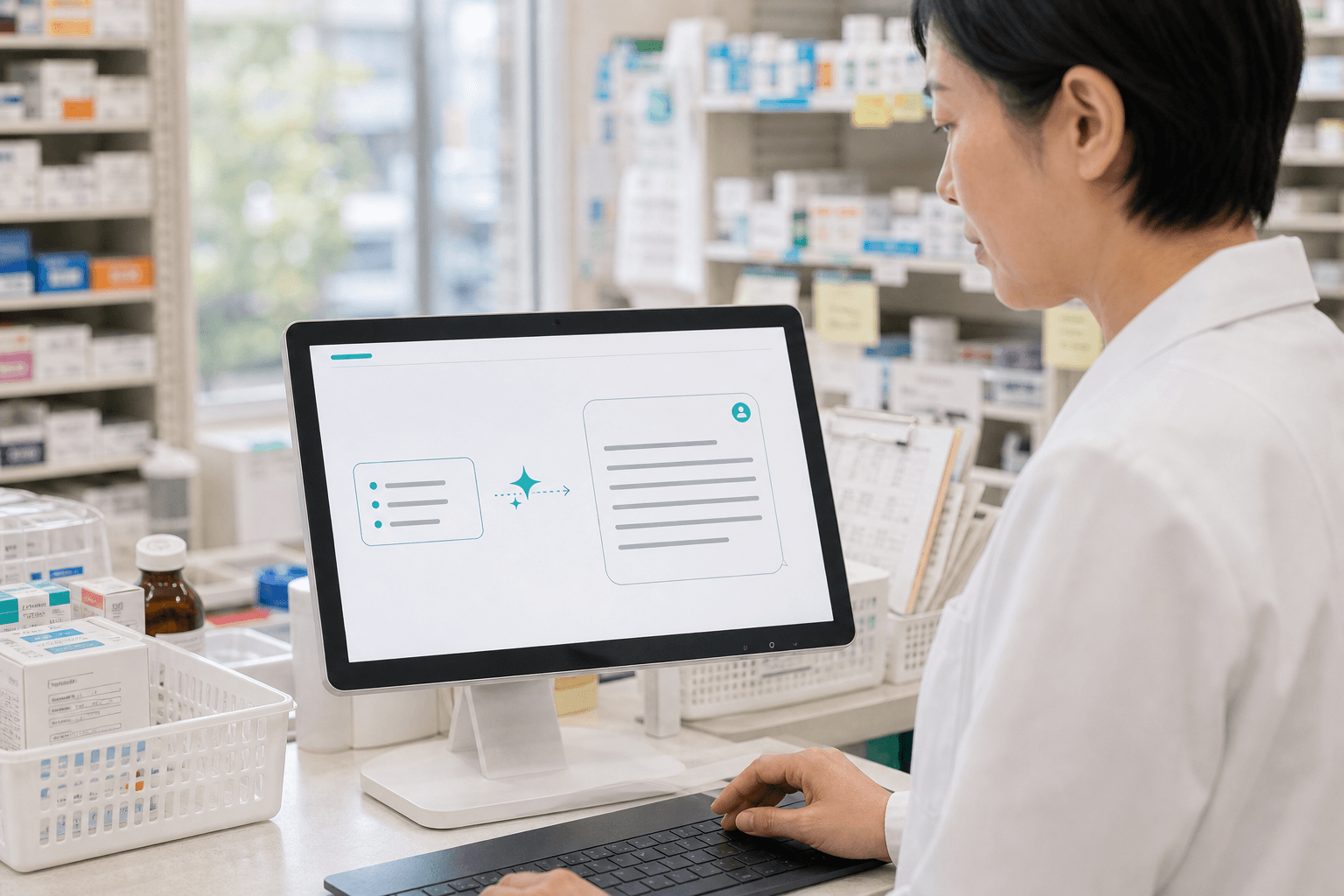 薬剤師のメモをAIが患者向けメッセージへ整える画面