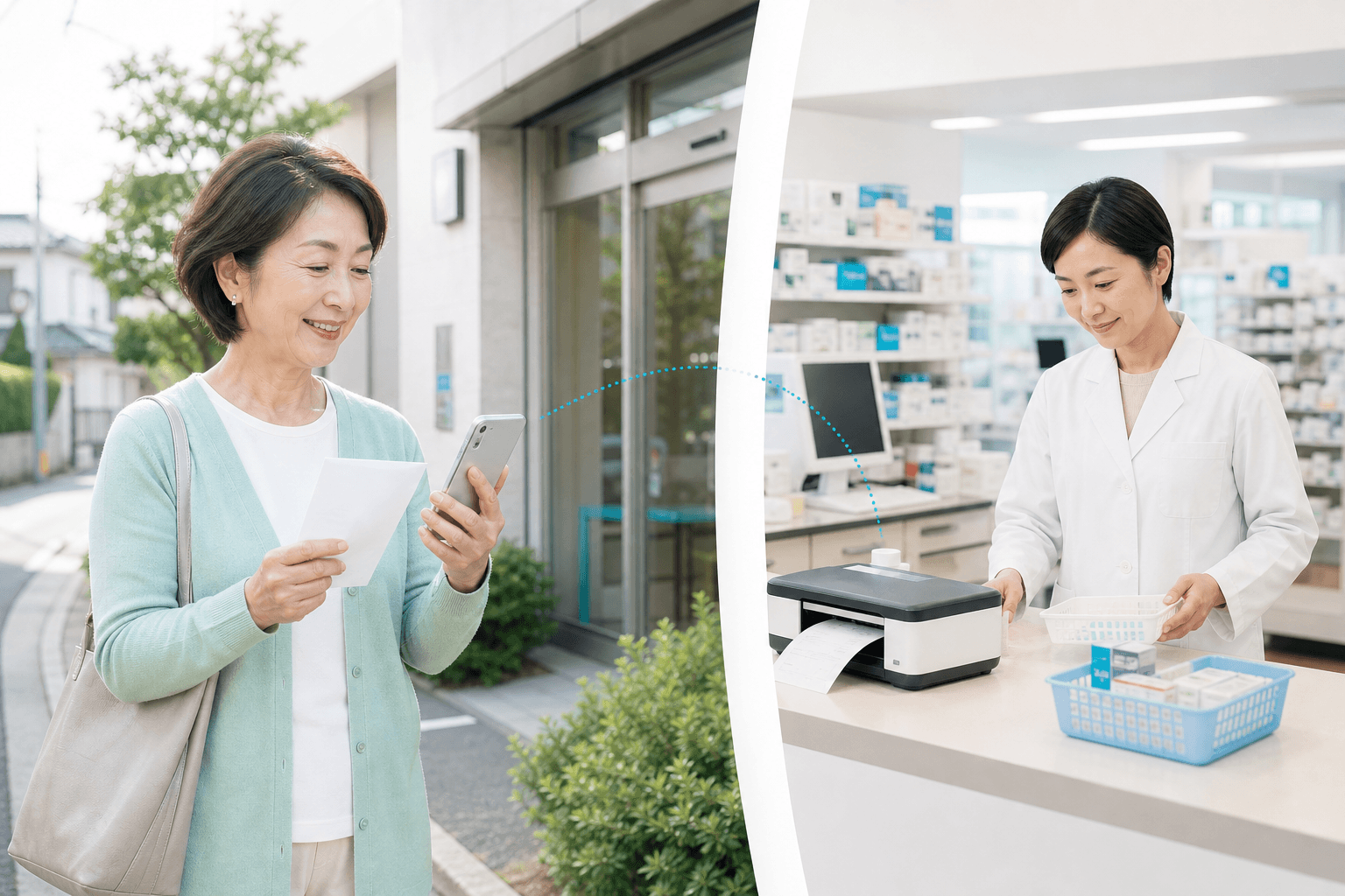 クリニックを出た患者さまがLINEで処方箋を送り、地域の薬局で薬剤師が受付する様子