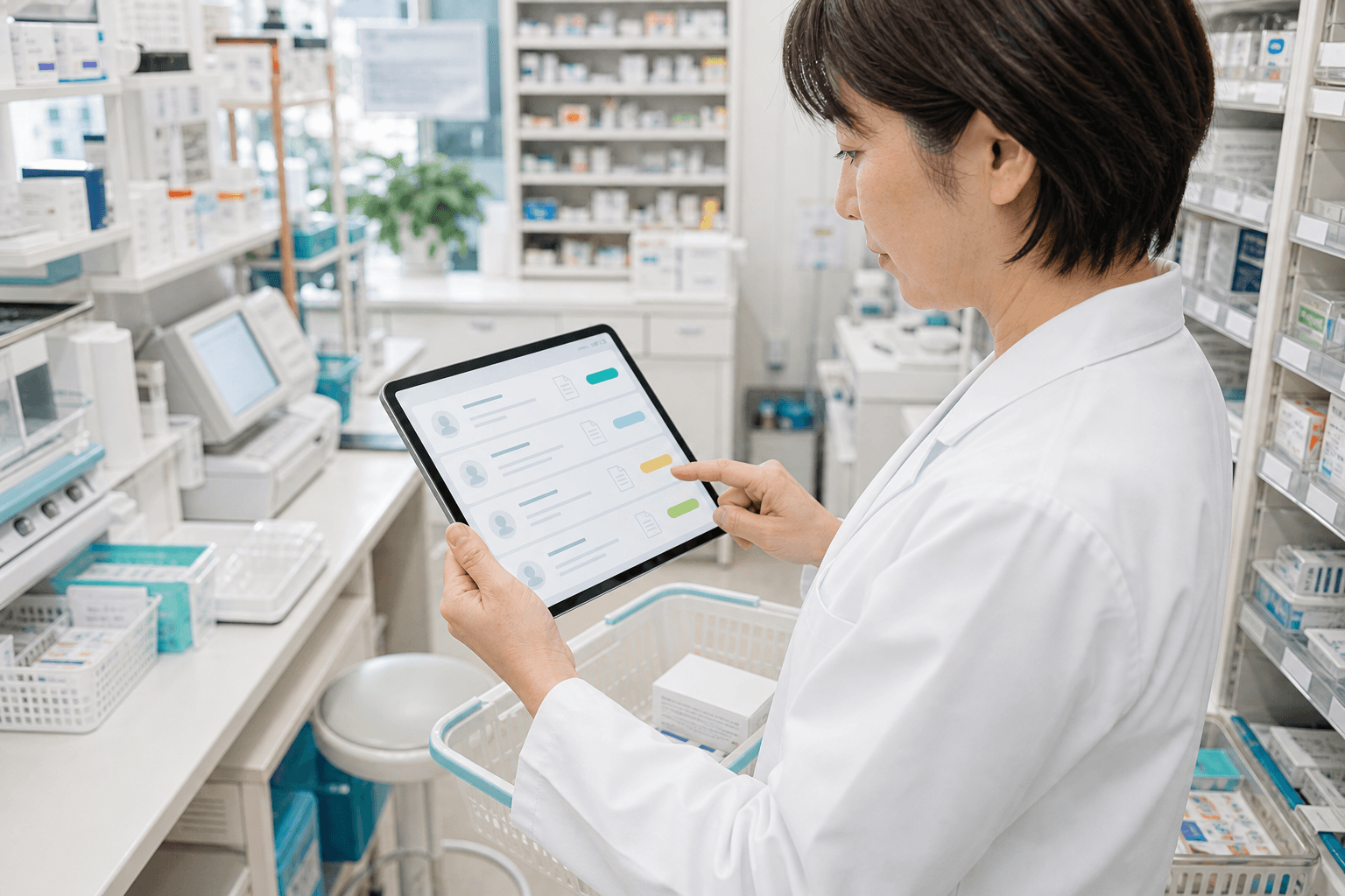 調剤室でタブレットから受付状況を確認する薬剤師